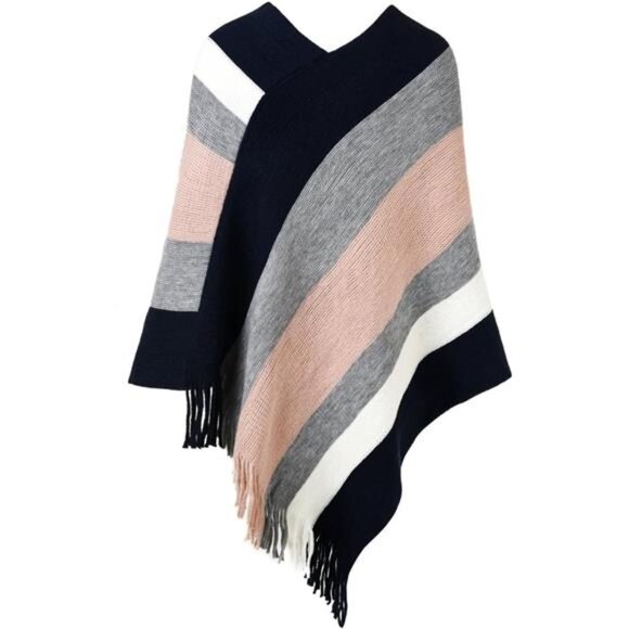 Women's Striped Poncho Sweater Cozy Knit Fringe Shawl Wraps for Fall Winter - Picture 2 of 7
